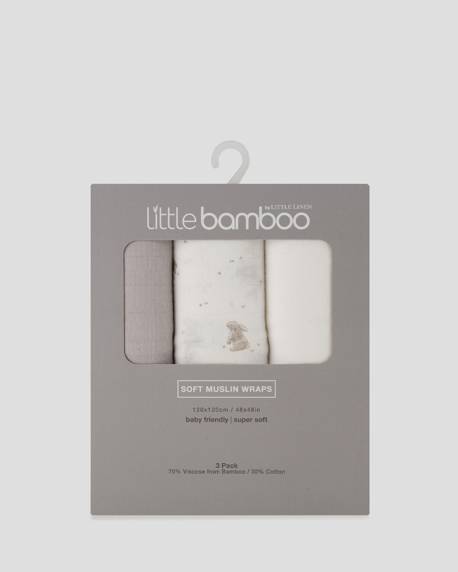Little Bamboo Muslin Wraps 3Pk  - Stone Grey