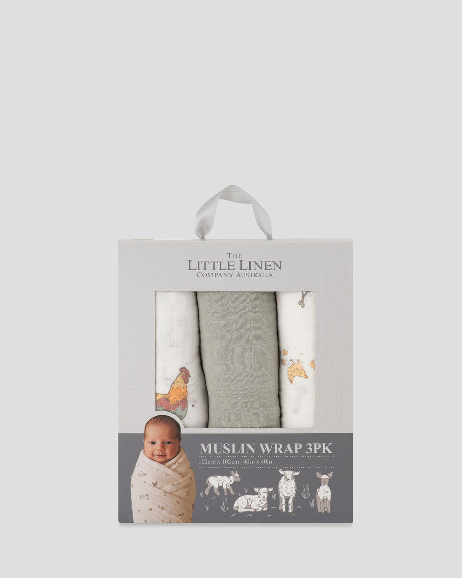 Little Linen Muslin Wraps 3PK - Farmyard Lamb