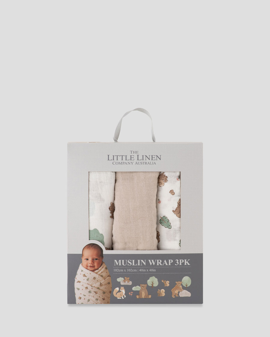 Little Linen Muslin Wraps 3PK - Bushland Bear