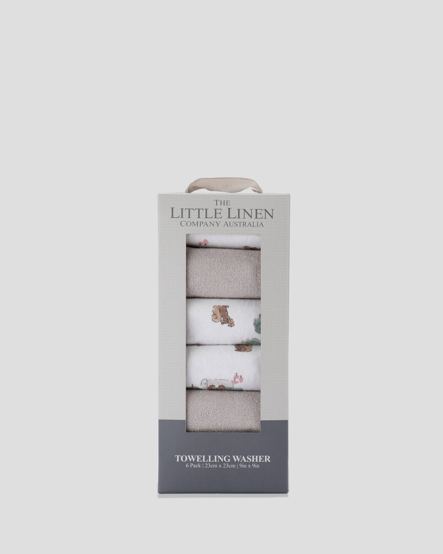 Little Linen Baby Towelling Wash Cloths 6PK - Willow Bear