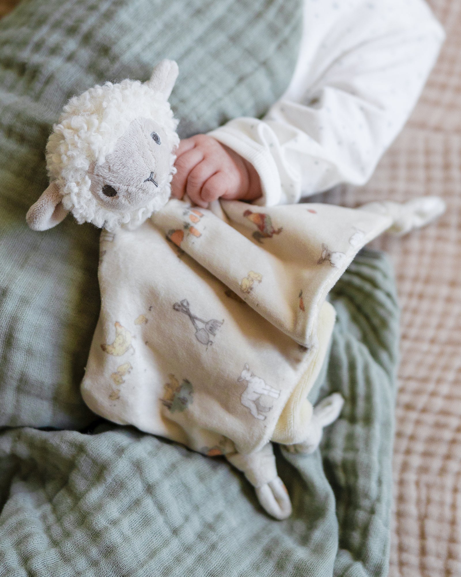 Little Linen Lovie Comforter Farmyard Lamb Lifestyle